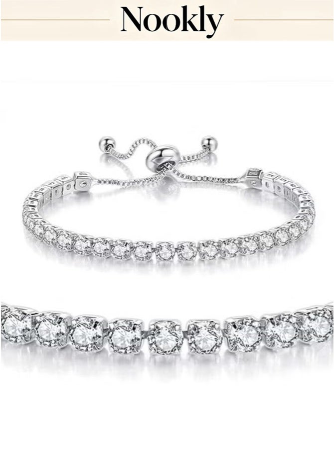 nookly White Gold Plated Cubic Zirconia Bracelet for Women, Dainty Classic Adjustable Slider Bracelet, Silver Fashion Jewelry Wedding Gift - Image 5