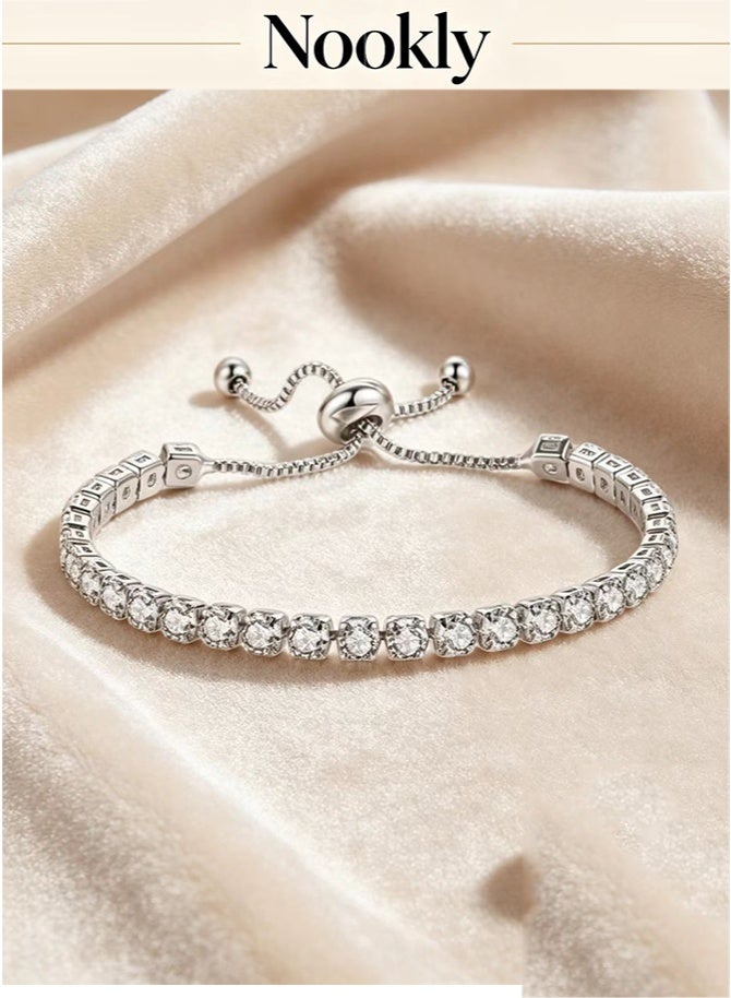 nookly White Gold Plated Cubic Zirconia Bracelet for Women, Dainty Classic Adjustable Slider Bracelet, Silver Fashion Jewelry Wedding Gift - Image 3