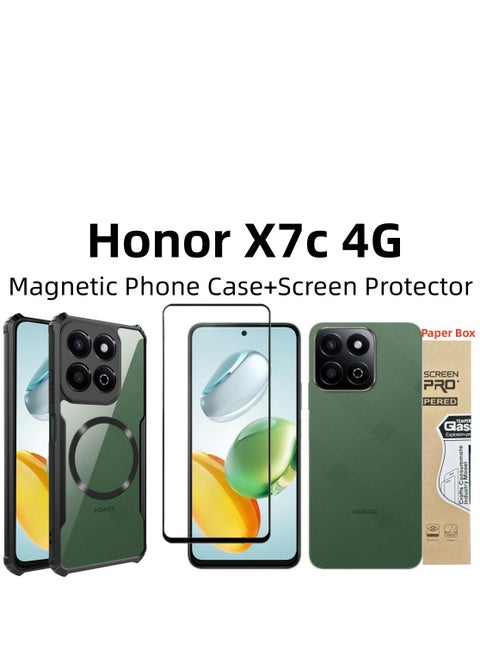[1+1 Sets] For Honor X7c 4G Case & Screen Protector Magnetic Suction Car Phone Case with Anti Drop Function High Transmittance Glass Scratch Resistant Tempered Glass