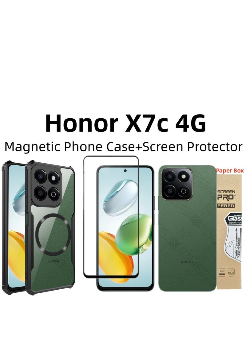 [1+1 Sets] For Honor X7c 4G Case & Screen Protector Magnetic Suction Car Phone Case with Anti Drop Function High Transmittance Glass Scratch Resistant Tempered Glass