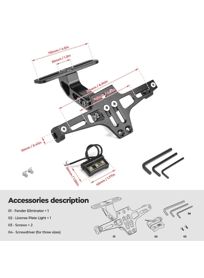 Universal Motorcycle License Plate Bracket with LED Light, CNC Aluminum Fender Eliminator Kit, Black - Image 3