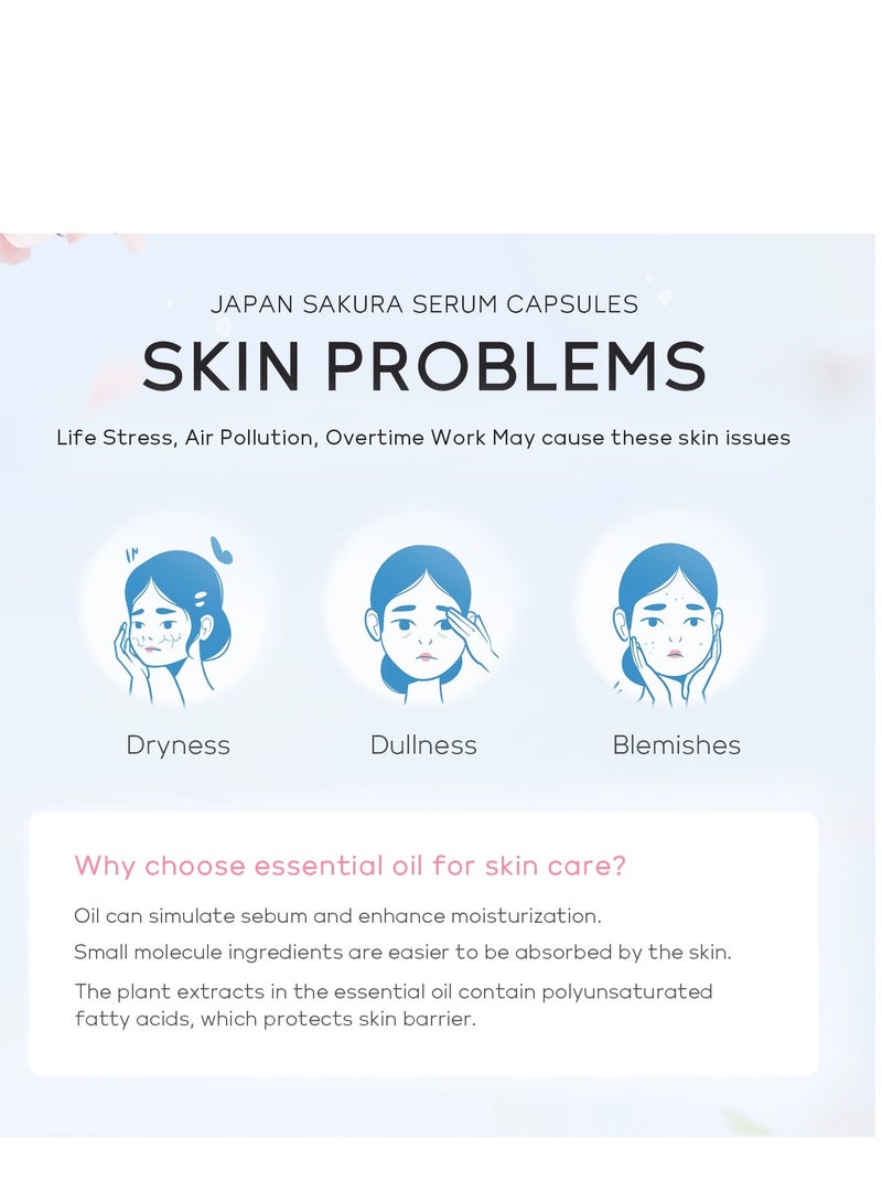 لايكو كبسولات مصل ساكورا اليابانية ، مغذية مضادة للشيخوخة ، مصل فيتامين E للوجه للبقع الداكنة ، تقليل التجاعيد وتفتيح البشرة ، مصل وجه للنساء 30 قطعة - Image 3