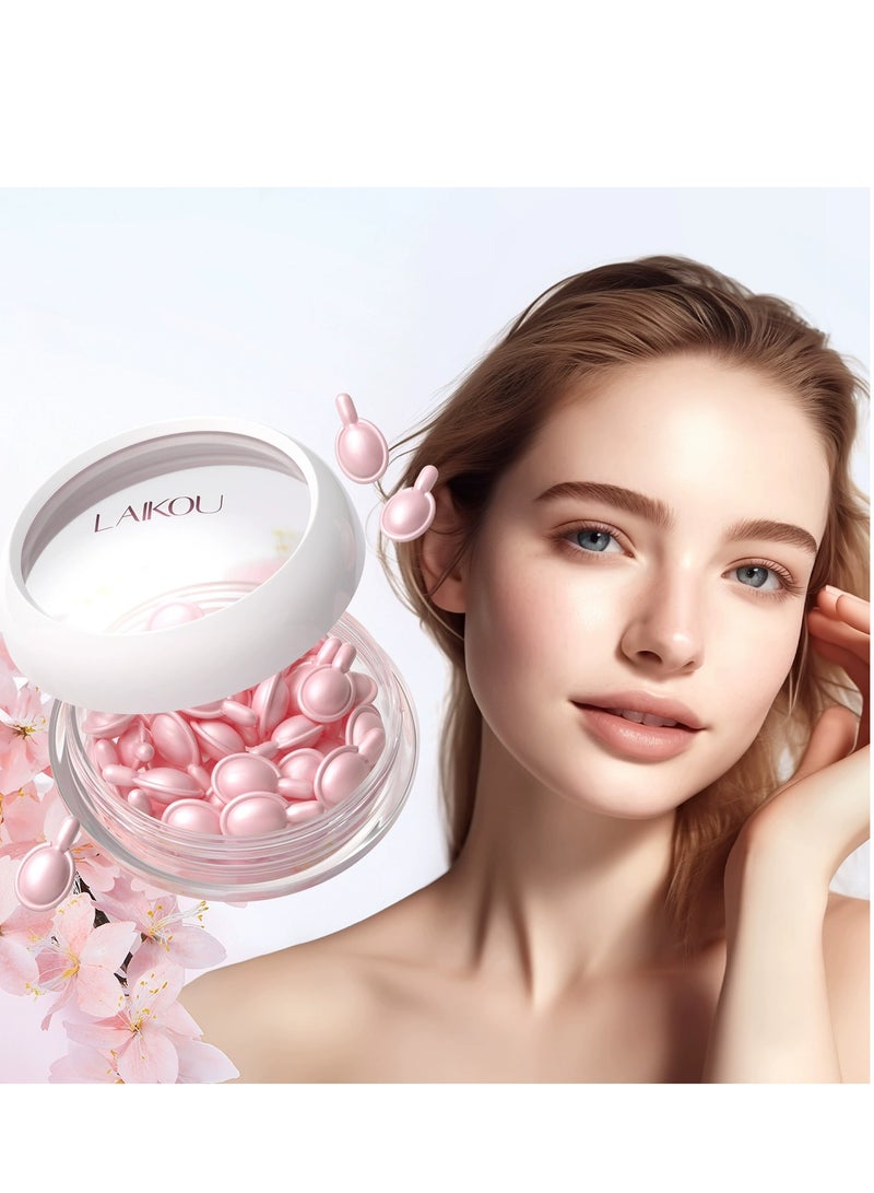 لايكو كبسولات مصل ساكورا اليابانية ، مغذية مضادة للشيخوخة ، مصل فيتامين E للوجه للبقع الداكنة ، تقليل التجاعيد وتفتيح البشرة ، مصل وجه للنساء 30 قطعة - Image 1