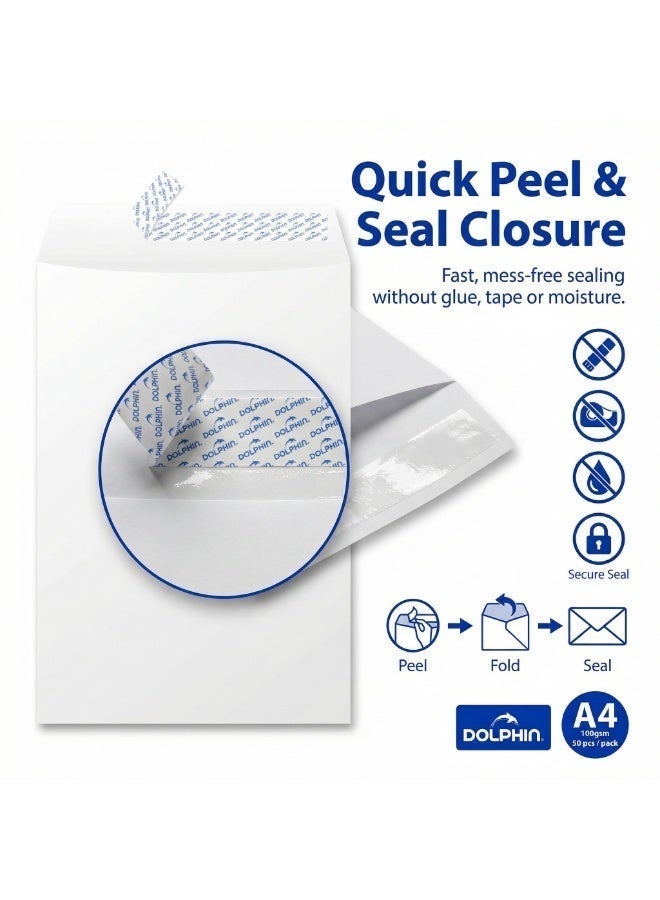 Dolphin A4 White Envelopes 100 GSM Self-Sealing Secure Mailing, Pack of 50 - Image 2