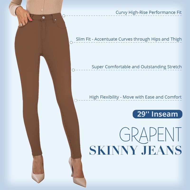 GRAPENT Women's Summer Jeans - Trendy Denim Jeggings, Super Skinny, Pecan Brown, Size 12/14 - Image 4