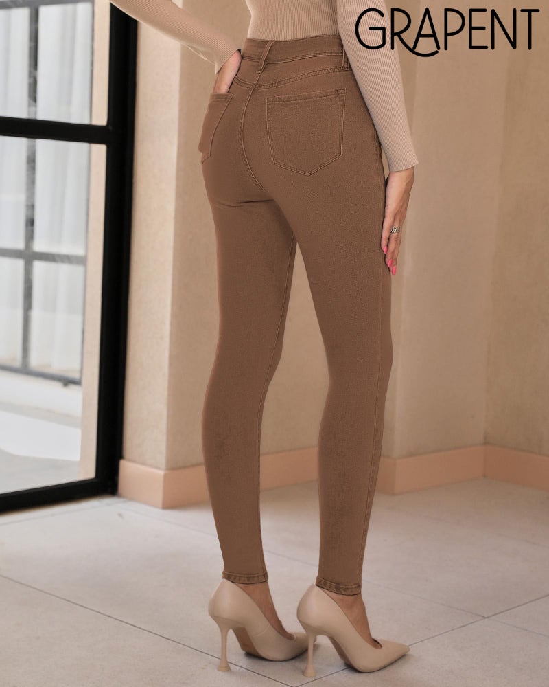 GRAPENT Women's Summer Jeans - Trendy Denim Jeggings, Super Skinny, Pecan Brown, Size 12/14 - Image 2