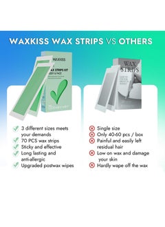 waxkiss Waxkiss Wax Strips Kit for Women, Waxing Strips Kit for Hair Removal with 70 Counts Hypoallergenic Home Waxing Kit with Strips Brazilian Wax Strip 3 Sizes & 12 Pcs Prewax and Postwax Wipes  - Image 5