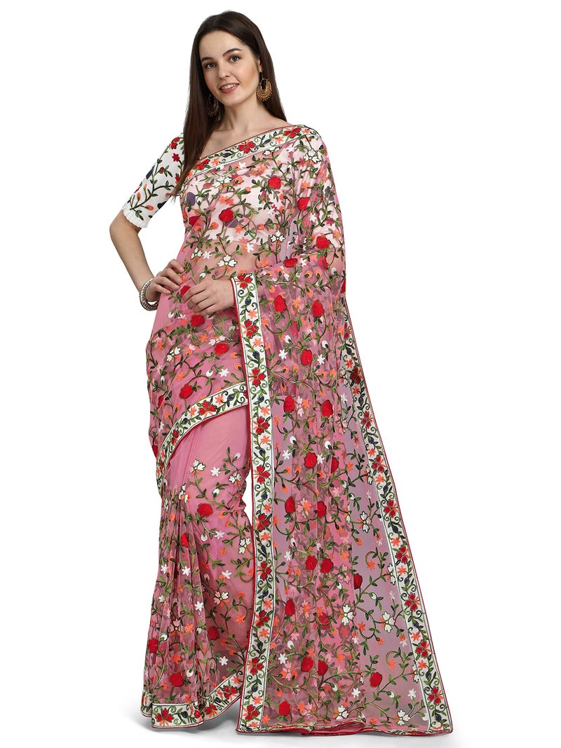 PATLANI FASHION New Bollywood BlockBuster Design Launching Net Embroidery Designer saree Pink. - Image 1