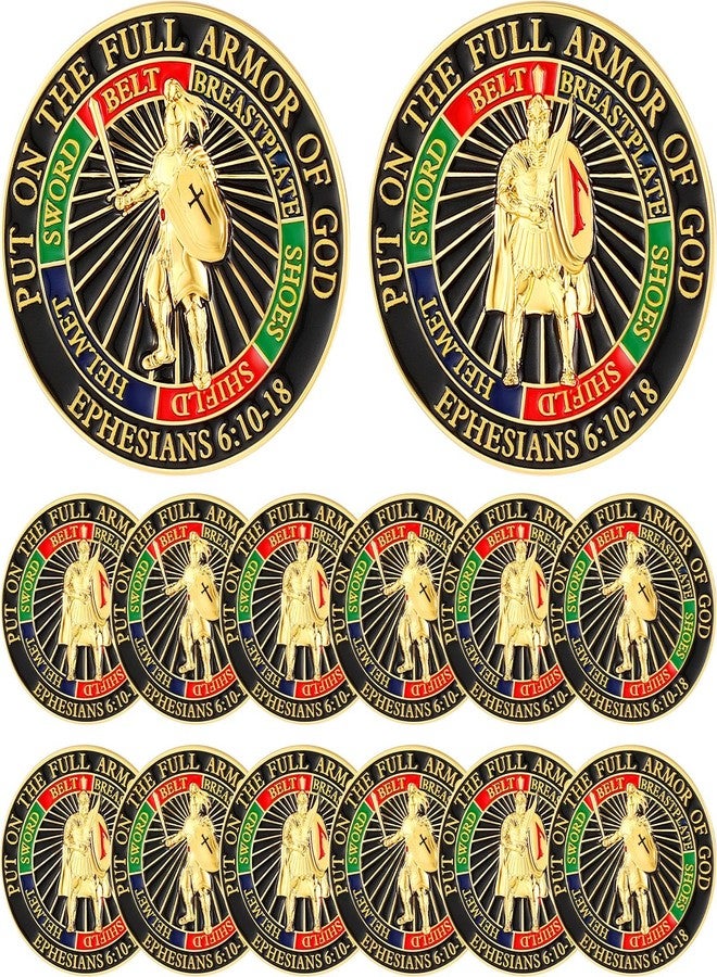 Lemosae 12 Pcs The Full Armor of God Courage Challenge Coins with Coin Case 3D Relief Design Prayer Bible Study Collection Ephe 6: 10-18 Christmas Christian Religious Prayer Gifts for Sunday School - Image 1