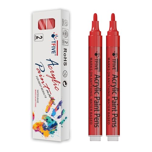 TFIVE Red Paint Marker Pens - 2 Pack Acrylic Permanent Marker, 2-3mm Medium Tip, Paint Pen for Art Projects, Drawing, Rock Painting, Ceramic, Glass, Wood, Plastic, Metal, Canvas DIY Crafts - Image 1