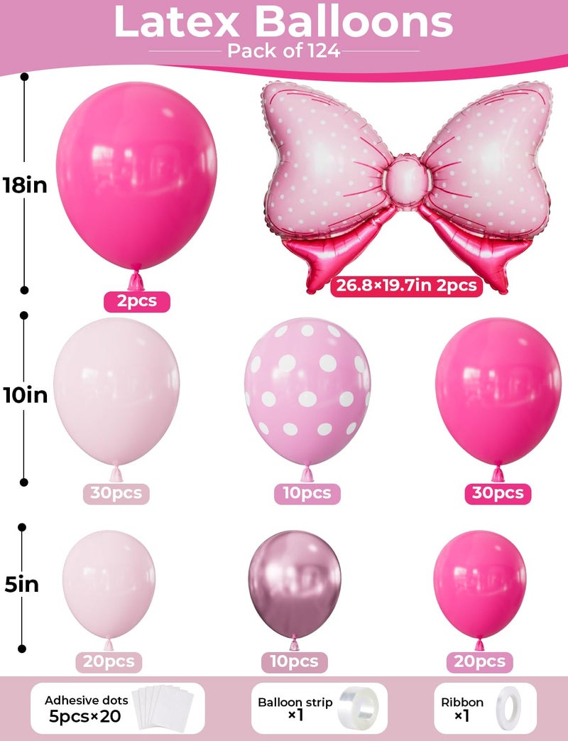 Haolongfa Pink Mouse Balloon Garland Arch Kit â€“ 124 Pcs Hot Pink, Pastel and Polka Dot Balloons with Bow, Mouse Themed Girl Birthday Baby Shower Party Decor - Image 2