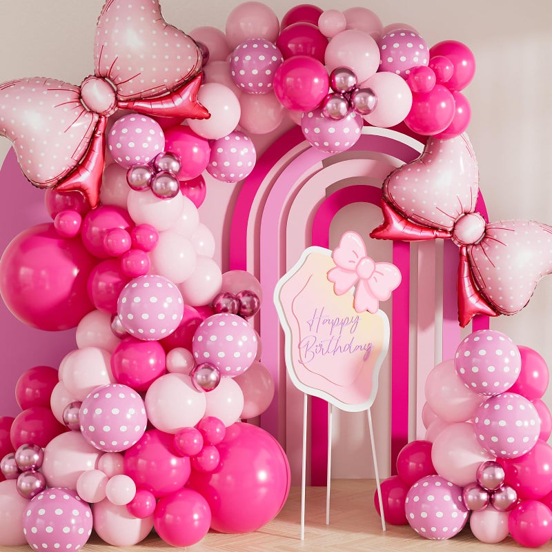 Haolongfa Pink Mouse Balloon Garland Arch Kit â€“ 124 Pcs Hot Pink, Pastel and Polka Dot Balloons with Bow, Mouse Themed Girl Birthday Baby Shower Party Decor - Image 1