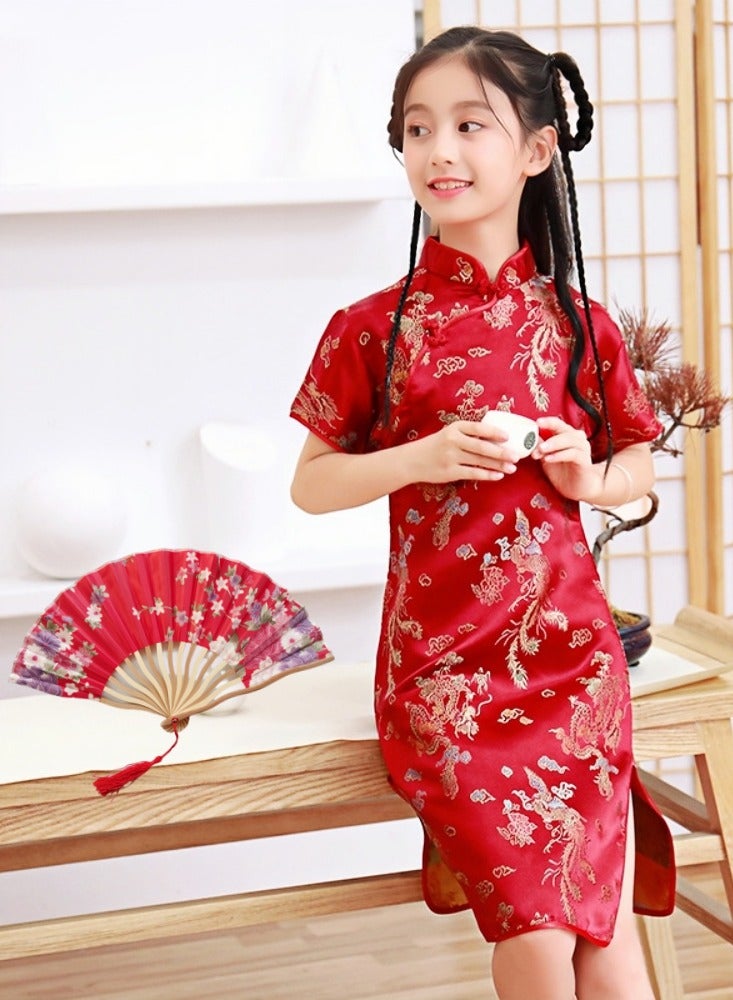 Priness Dress Costumes for Girls 4-12Years Old,Party Dress Qipao Cosplay for Kids Birthday， Children Cheongsam with Folding Fan for Girls