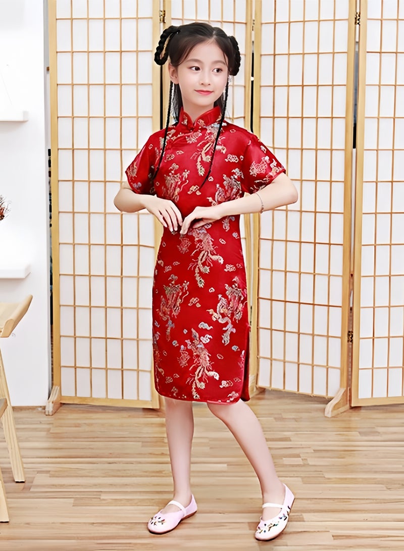 Priness Dress Costumes for Girls 4-12Years Old,Party Dress Qipao Cosplay for Kids Birthday， Children Cheongsam with Folding Fan for Girls