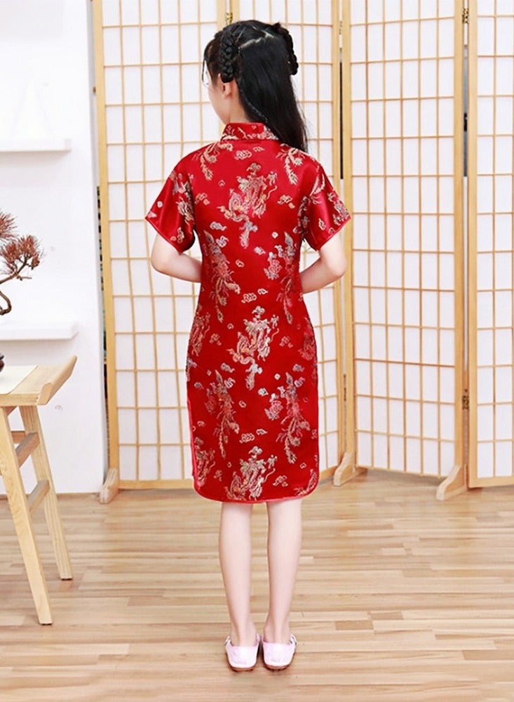 Priness Dress Costumes for Girls 4-12Years Old,Party Dress Qipao Cosplay for Kids Birthday， Children Cheongsam with Folding Fan for Girls