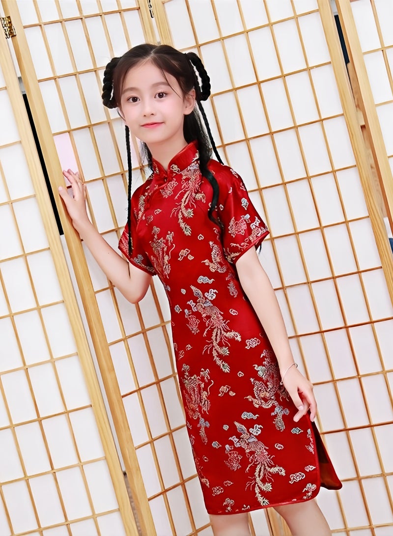 Priness Dress Costumes for Girls 4-12Years Old,Party Dress Qipao Cosplay for Kids Birthday， Children Cheongsam with Folding Fan for Girls