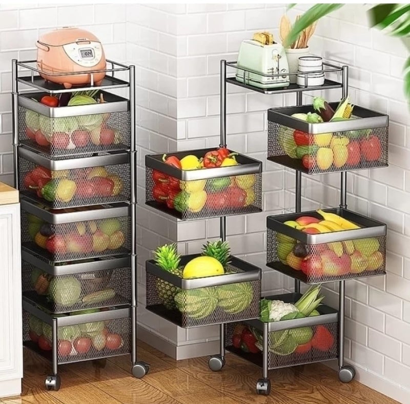Well Set Storage Rack 5Layer Revolving Vegetable Kitchen Rack Square Multipurpose Storage Trolley with Wheels Metal Fruit Storage Rack Kitchen Cabinet Spice Rack Black