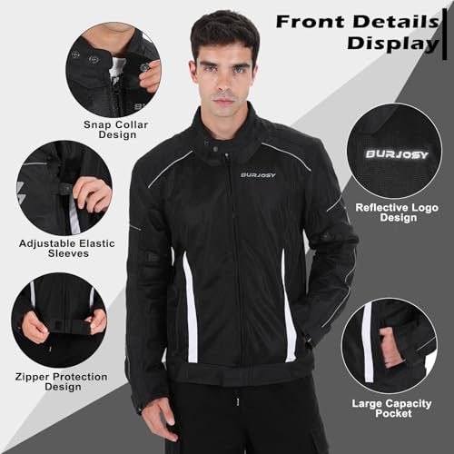 Burjosy Mesh Motorcycle Jacket for Men Summer Motorbike Biker Jacket Reflective Lightweight Breathable Riding Jacket Protective Gear Armored - Image 3