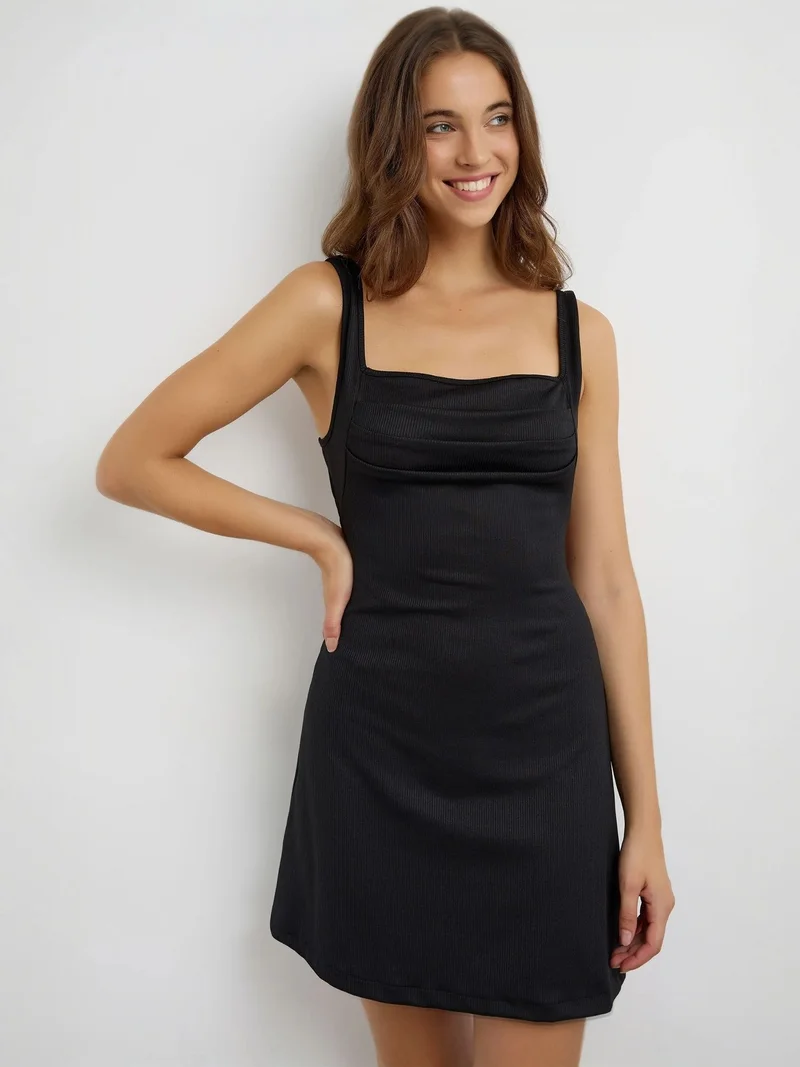 HICCUP Black Ruched Square-Neck Mini Dress for Women | Best Price UAE