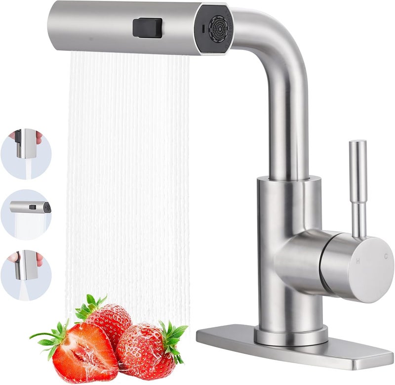 ALEASHA Bar Sink Faucet Single Hole, 3 Water Modes Wet Bar Faucets with Pull Out Sprayer, Prep Sink Faucet 360 Swivel for Small Kitchen Bathroom Faucets with cUPC Supply Lines, Brushed Nickel - Image 1