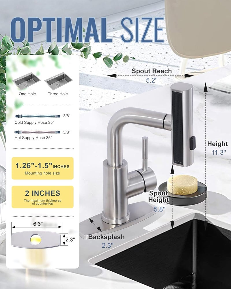 ALEASHA Bar Sink Faucet Single Hole, 3 Water Modes Wet Bar Faucets with Pull Out Sprayer, Prep Sink Faucet 360 Swivel for Small Kitchen Bathroom Faucets with cUPC Supply Lines, Brushed Nickel - Image 2