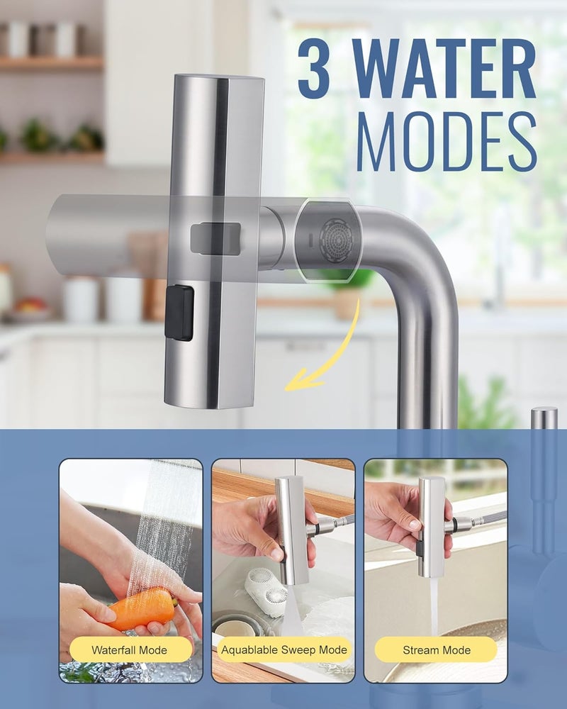 ALEASHA Bar Sink Faucet Single Hole, 3 Water Modes Wet Bar Faucets with Pull Out Sprayer, Prep Sink Faucet 360 Swivel for Small Kitchen Bathroom Faucets with cUPC Supply Lines, Brushed Nickel - Image 3