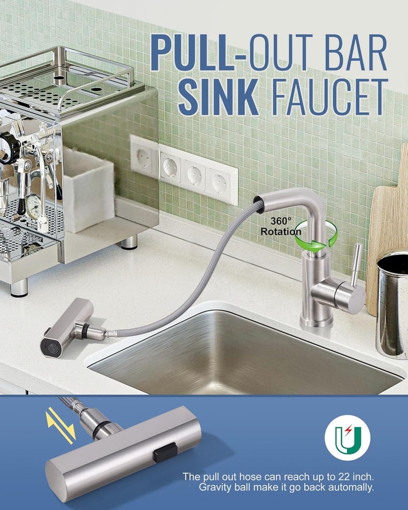 ALEASHA Bar Sink Faucet Single Hole, 3 Water Modes Wet Bar Faucets with Pull Out Sprayer, Prep Sink Faucet 360 Swivel for Small Kitchen Bathroom Faucets with cUPC Supply Lines, Brushed Nickel - Image 4