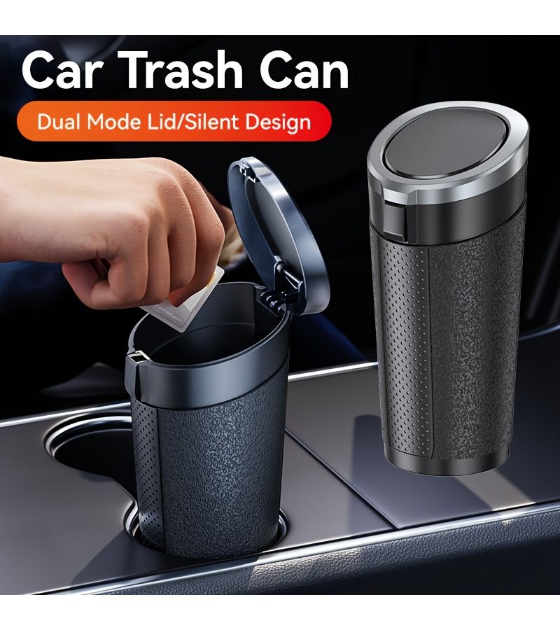 Black Car Trash Can Portable ABS Leather Texture Silent Soft Close Door Side - Image 2