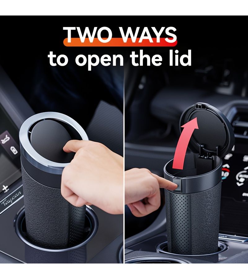 Black Car Trash Can Portable ABS Leather Texture Silent Soft Close Door Side - Image 3