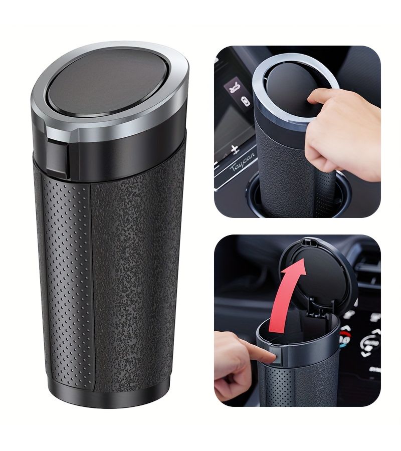 Black Car Trash Can Portable ABS Leather Texture Silent Soft Close Door Side - Image 1