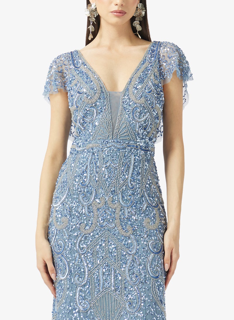 بيوت فستان ماكسي مزين بياقة على شكل حرف - Image 3