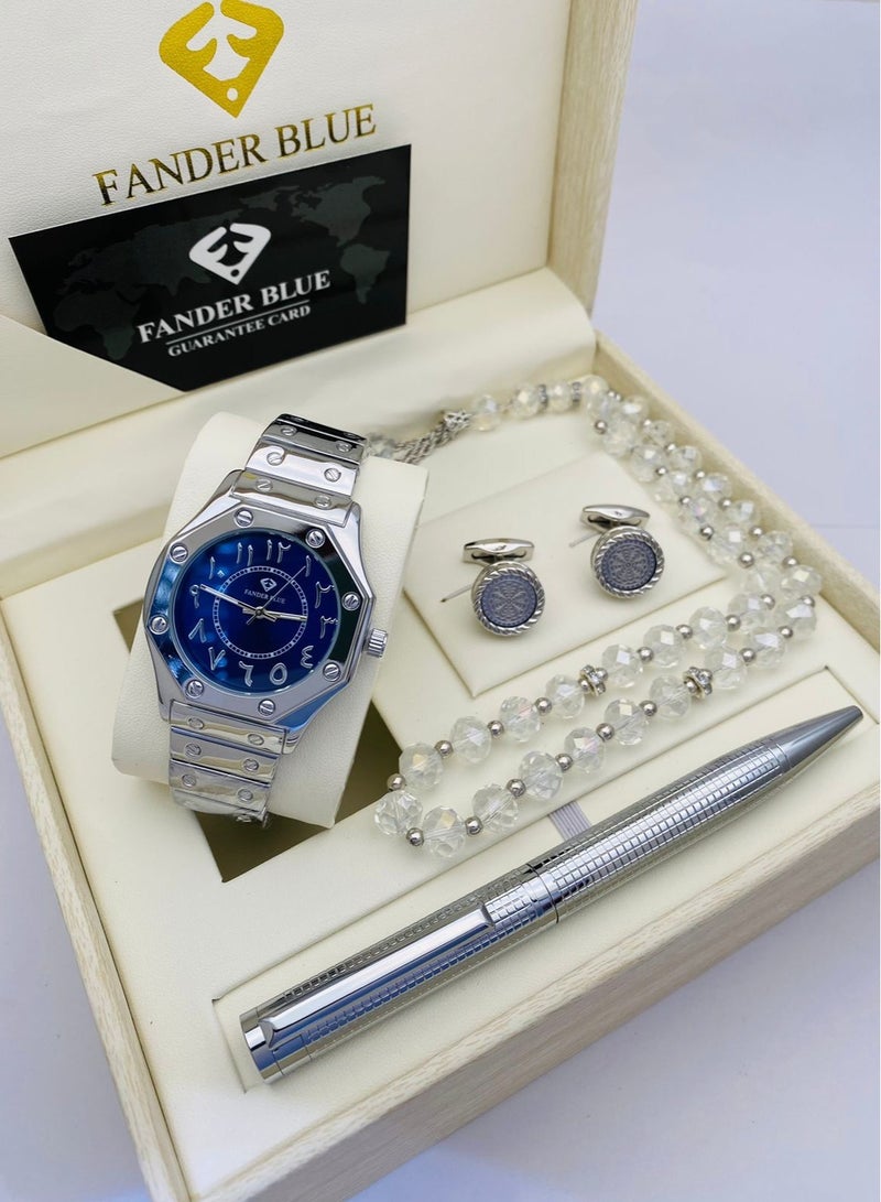 FANDER BLUE Vanderblue set of 4 pieces, a watch, a cuff, a pen and a rosary, with a warranty card 