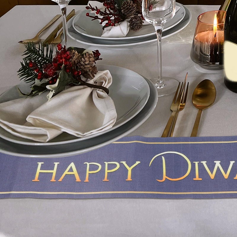 Blue Linen Diwali Table Runner Festival Dining Tablecloth Kitchen Home Holiday Decor - Image 5