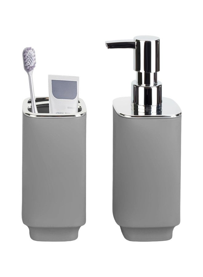 RRM Grey Bathroom Accessories 2 Pieces, Soap Dispenser and Toothbrush Holder Set for Boho Bathroom - Image 1