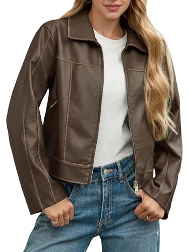 Yousify Womens Faux Leather Jacket Casual Zip Up Motorcycle Long Sleeve Collared Spring Cropped Coats with Pockets - Image 1