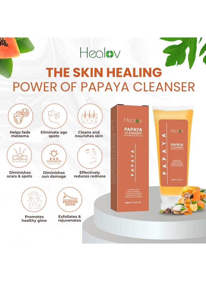 Papaya Soap Face & Body Wash - Skin Brightening Facial Cleanser For Spots - Exfoliating Face Wash Reduces Acne, Cleanses Scars, & Discoloration - With Turmeric, Kojic Acid, & Essential Oils