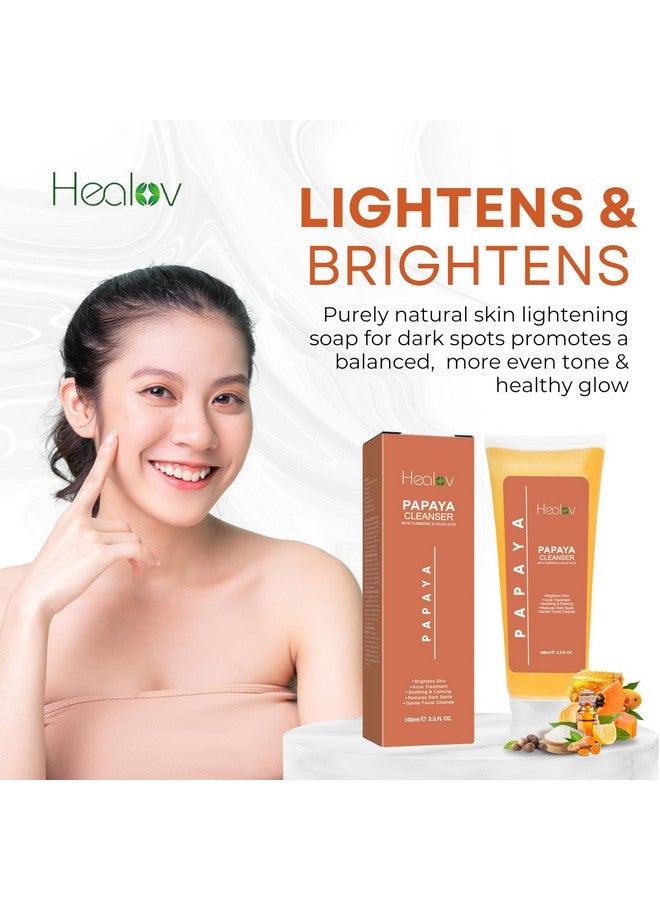 Papaya Soap Face & Body Wash - Skin Brightening Facial Cleanser For Spots - Exfoliating Face Wash Reduces Acne, Cleanses Scars, & Discoloration - With Turmeric, Kojic Acid, & Essential Oils