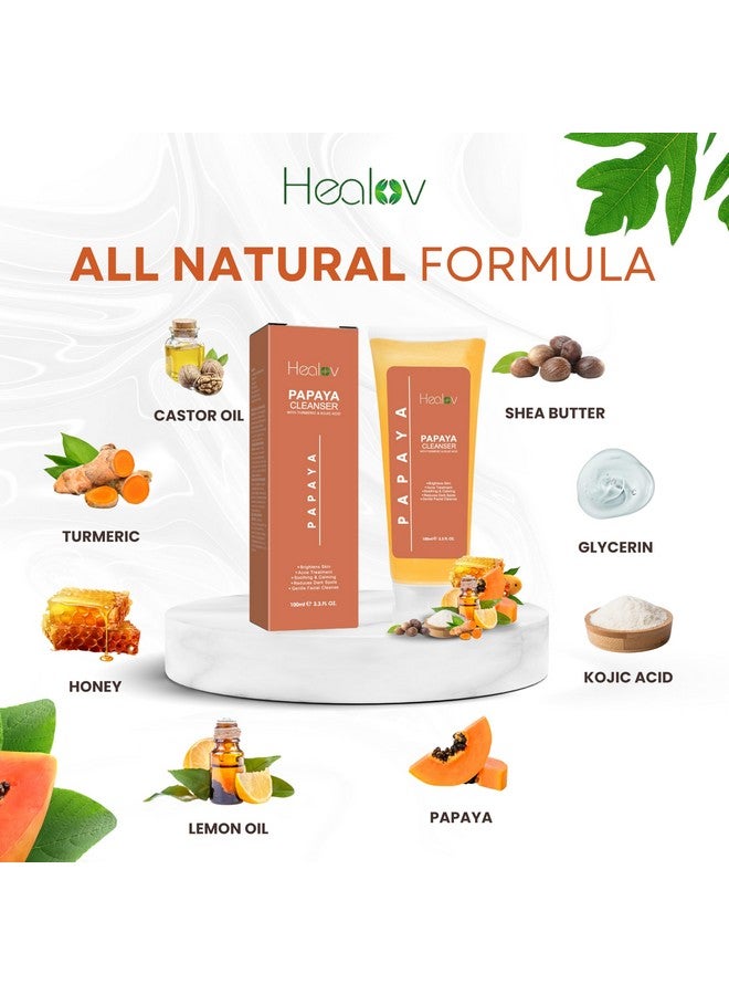 Papaya Soap Face & Body Wash - Skin Brightening Facial Cleanser For Spots - Exfoliating Face Wash Reduces Acne, Cleanses Scars, & Discoloration - With Turmeric, Kojic Acid, & Essential Oils
