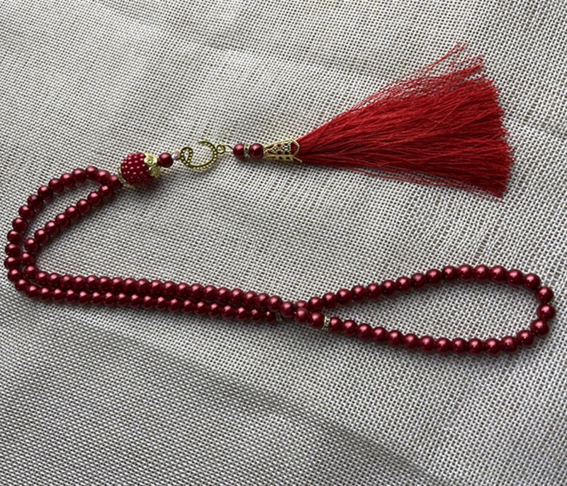 99 Beads Glass Faux Pearl TASBIH Prayer Accessory Red 