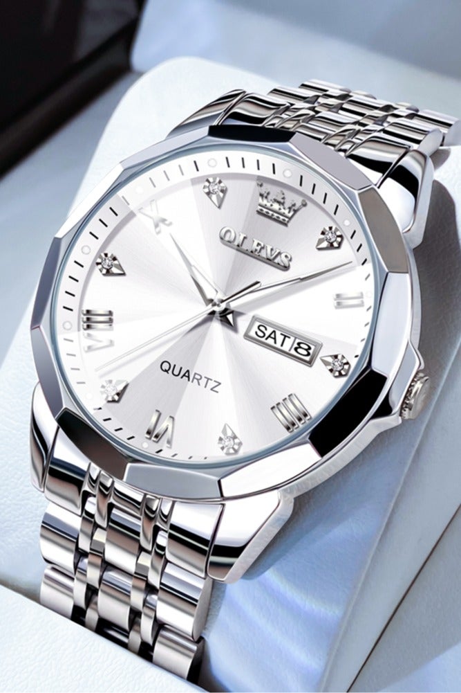 OLEVS Business Quartz Watch for Men Dual Calendar Luxury Diamond Dial Waterproof Stainless Steel Strap Men Wristwatch - Image 1