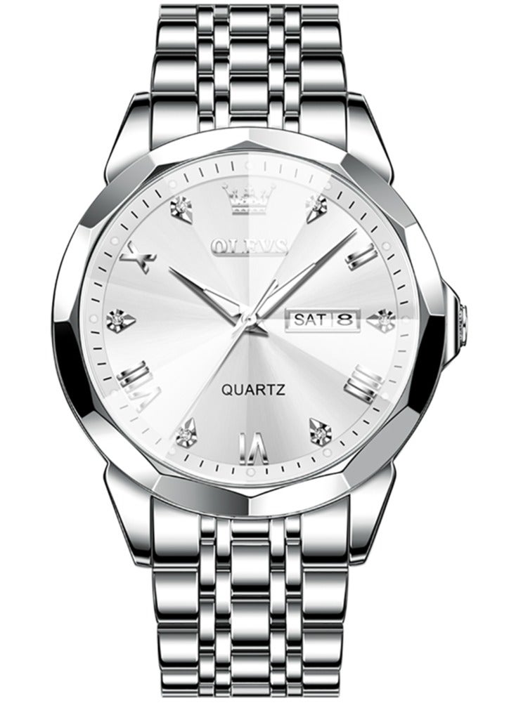 OLEVS Business Quartz Watch for Men Dual Calendar Luxury Diamond Dial Waterproof Stainless Steel Strap Men Wristwatch - Image 2