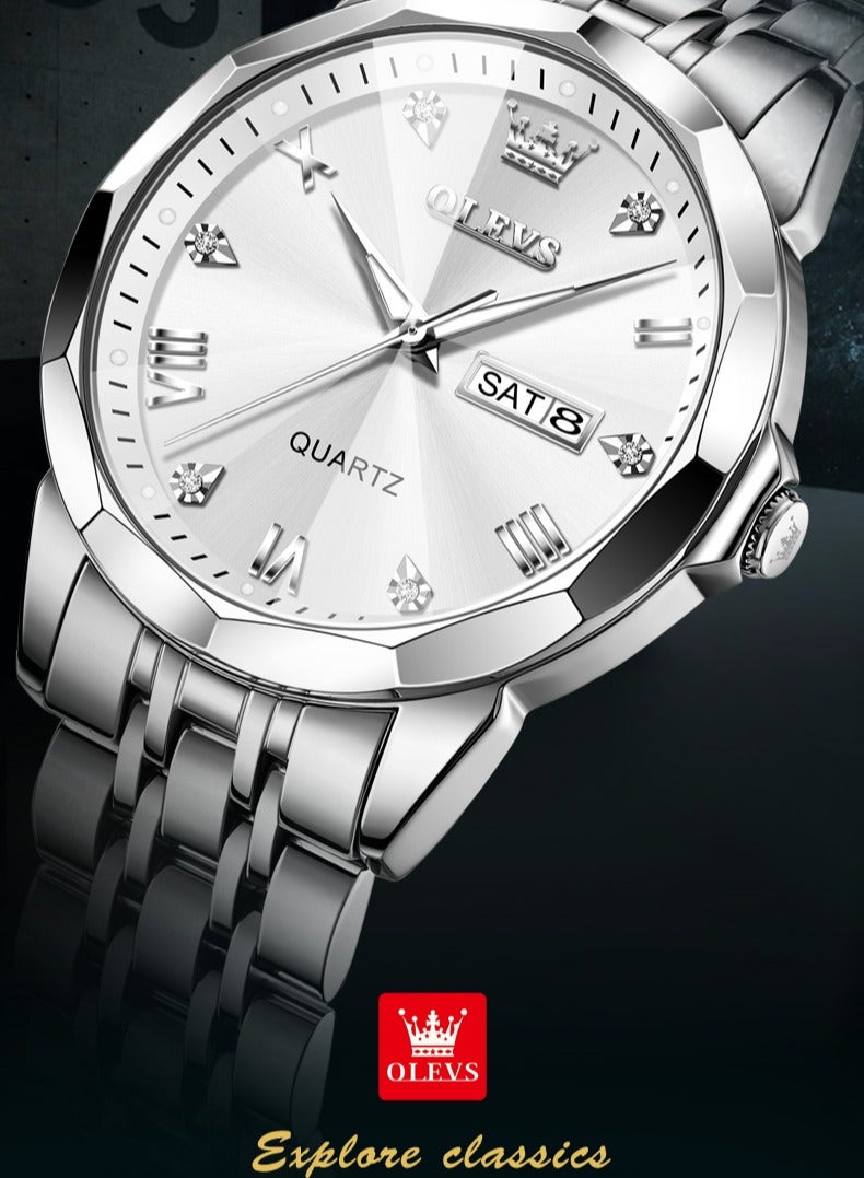 OLEVS Business Quartz Watch for Men Dual Calendar Luxury Diamond Dial Waterproof Stainless Steel Strap Men Wristwatch - Image 4
