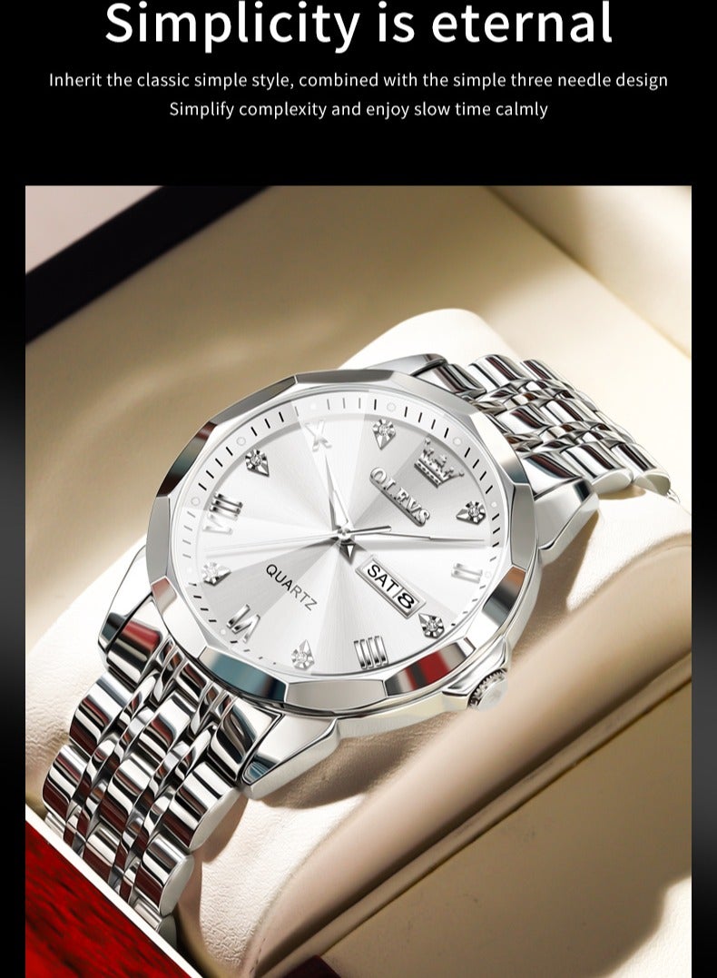 OLEVS Business Quartz Watch for Men Dual Calendar Luxury Diamond Dial Waterproof Stainless Steel Strap Men Wristwatch - Image 5