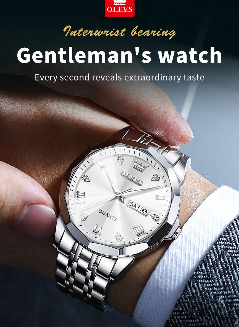 OLEVS Business Quartz Watch for Men Dual Calendar Luxury Diamond Dial Waterproof Stainless Steel Strap Men Wristwatch - Image 3