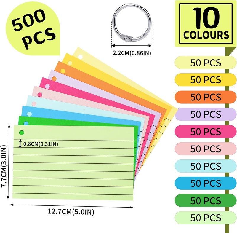 PENPRIS 500PCS Colored Index Cards with Rings - 10 Colours 10 Sets 5"x3" One Side Lined One Side Blank - Revision/Record/Flash Note/Study Cards/Memo Scratch Pads/to Do List for Office School Home PAP06MX500 - Image 2