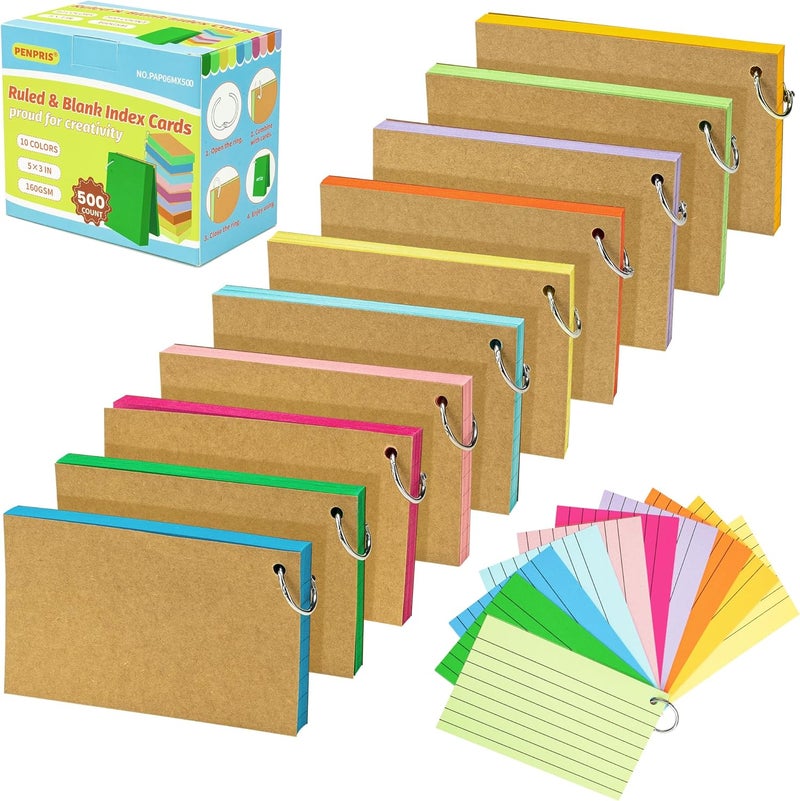 PENPRIS 500PCS Colored Index Cards with Rings - 10 Colours 10 Sets 5"x3" One Side Lined One Side Blank - Revision/Record/Flash Note/Study Cards/Memo Scratch Pads/to Do List for Office School Home PAP06MX500 - Image 1