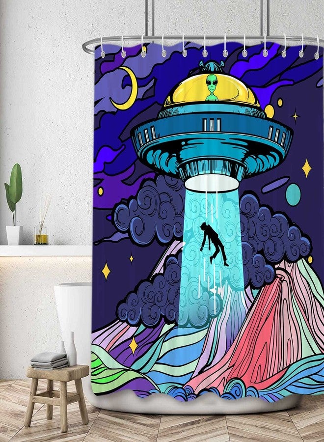 VEIGIKE Funny UFO Alien Shower Curtain for Bathroom, Unique Fun Space Blue Purple Fabric Shower Curtains Set, Novelty Weird Restroom Decor Accessories with Hooks 72X72inches - Image 1