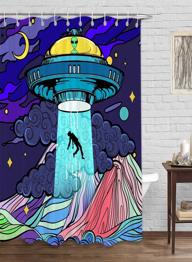 VEIGIKE Funny UFO Alien Shower Curtain for Bathroom, Unique Fun Space Blue Purple Fabric Shower Curtains Set, Novelty Weird Restroom Decor Accessories with Hooks 72X72inches - Image 2