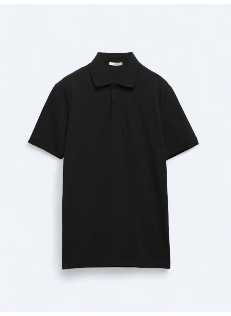 Kip Black Plain Polo Collar Cotton T-Shirt