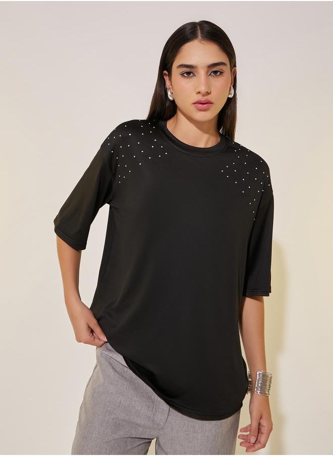 Take Two Women Black Studded Detail Short Sleeve Oversized T-Shirt  - Image 3